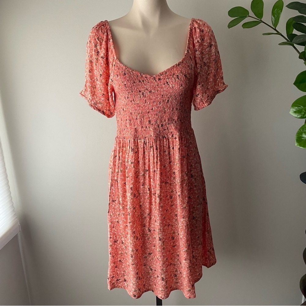 En/kay Floral Smocked Off Shoulder Midi Dress Peach Pink Cottagecore Size Small